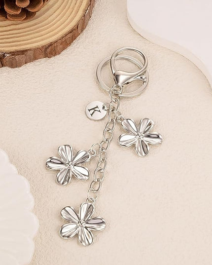 XGALBLA Gold/Silver Initial Keychain Flower Charms for Key Cute Letter Keyring for Purse Handbag Backpack