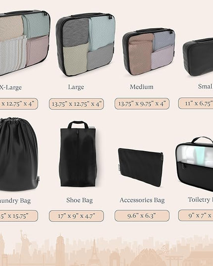 Shacke Premium 8 Packing Cubes Set - Lightweight Mesh Travel Luggage Organizers with Laundry Bag, 8-Piece Suitcase Storage System (Air Black)