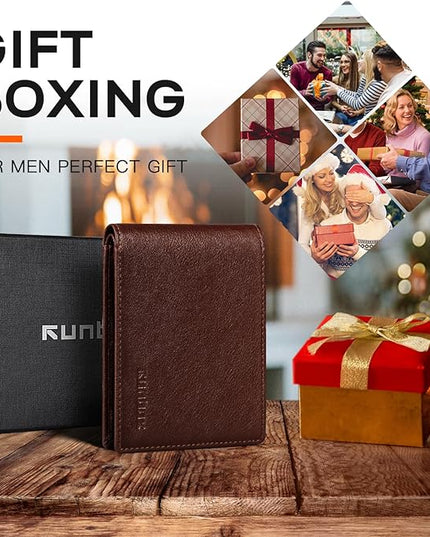 RUNBOX Wallet for Men Slim Leather Bifold RFID Blocking Minimalist Front Pocket Design with Gift Box