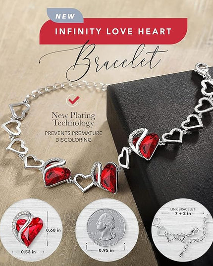 Leafael Infinity Love Heart Link Bracelets, Birthstone or Healing Stone Crystal Bracelet for Women, Silver Tone Jewelry Gifts for Her, 7-inch Chain and 2-inch Extender