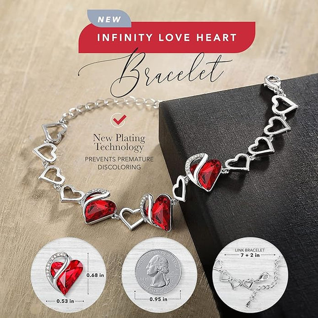 Leafael Infinity Love Heart Link Bracelets, Birthstone or Healing Stone Crystal Bracelet for Women, Silver Tone Jewelry Gifts for Her, 7-inch Chain and 2-inch Extender