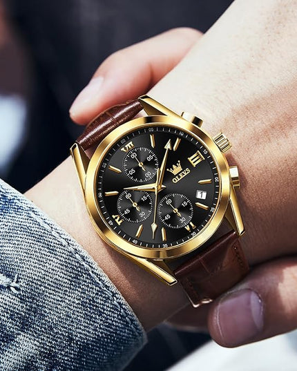 OLEVS Men's Chronograph Leather Watch, Big Face Easy to Read Analog Quartz Dress Watch, Casual Waterproof Luminous Hands Date Watches for Men, White/Blue/Black/Gold Dial