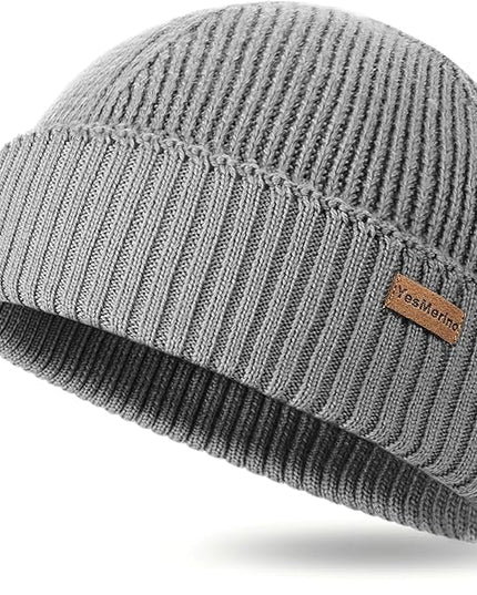 100% Merino Wool Fisherman Beanie for Men Women, Short Knit Cuff Trawler Winter Hat, Warm Soft Outdoor Gift