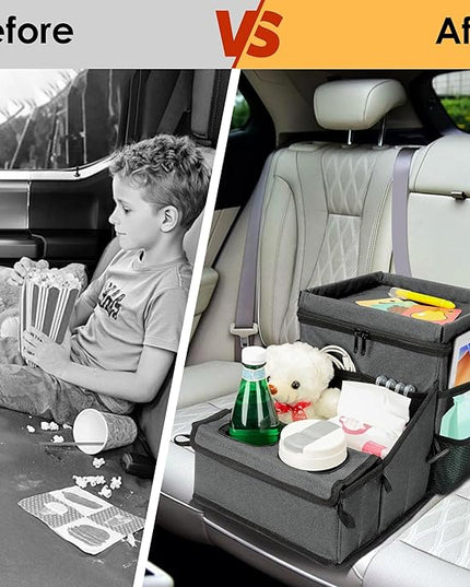 Car Seat Organizer, Backseat Car Organizer with Cup Holder Tray and Storages for Kids and Adults, Portable Travel Cooler for Car for Front or Back Seat Passenger Organizer Ccompartment (Grey)