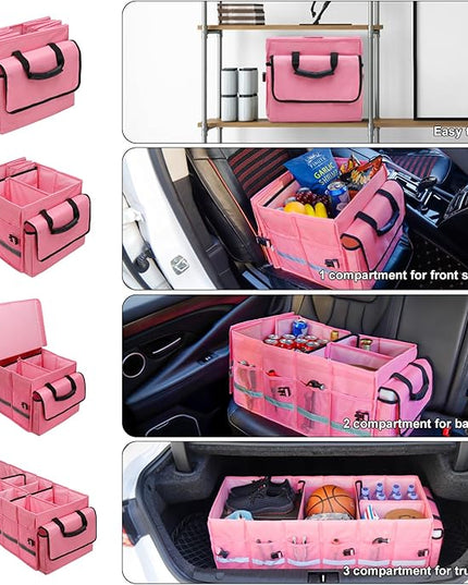 Car Trunk Organizer and Storage with Lid & Removable Leakproof Cooler Bag, Customized Space Pink Car Interior Accessories for Women Collapsible Large Trunk Organizers for Sendan SUV, Jeep, MPV, BMW