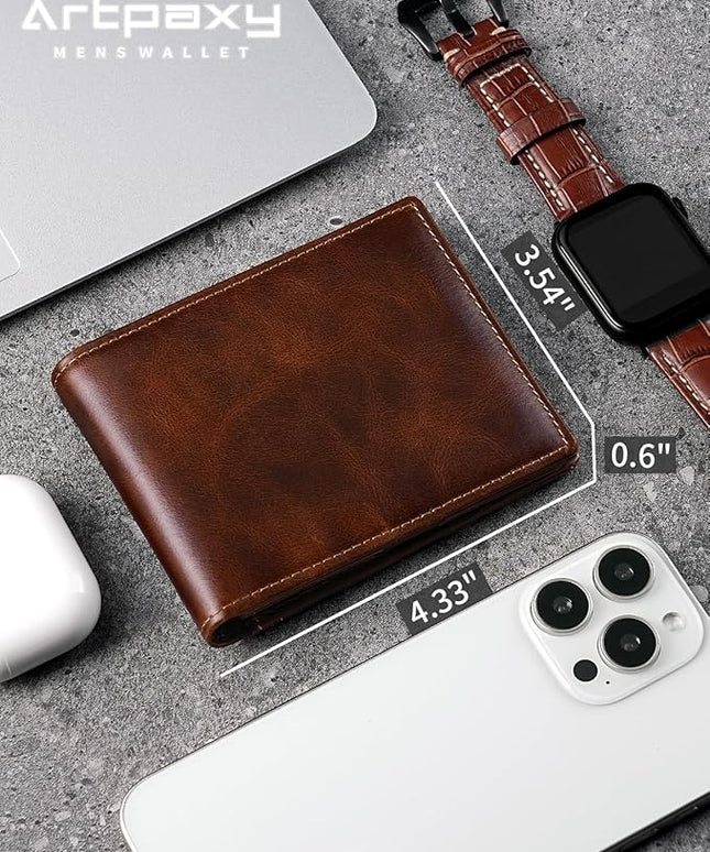 Artpaxy Mens Wallet Bifold Genuine Leather RFID Blocking Wallet for Men with 1 ID Windows 13 Card Holders 2 cash pockets 1 Gift Box