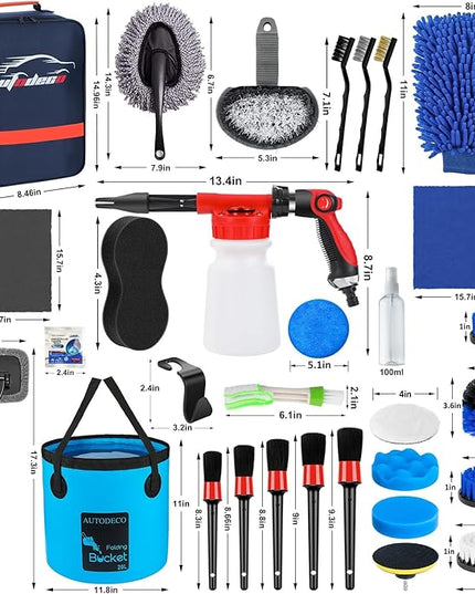 AUTODECO 38Pcs Car Wash Detailing Kit Cleaning Kits with Foam Gun Sprayer Collapsible Bucket Drill Brush Large Wash Mitt Towels Complete Interior Exterior Car Washing Supply Set Blue