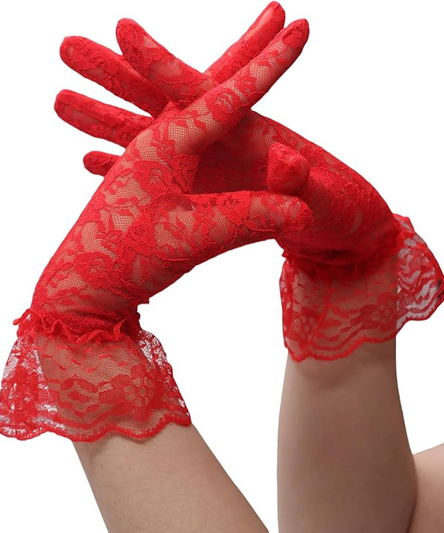 ATHX Women's Lace Floral Opera Tea Party Gloves 80s Wrist Length Bridal Wedding Prom Gloves Costume Accessories