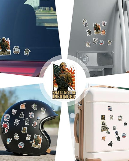 100 PCS Funny Gun Stickers Pack – Tactical Military Army Parody Vinyl Decals for Laptop, Car, Water Bottle, Scrapbook, Hard Hat – Gifts for Men, Women, Teens Birthday Christmas