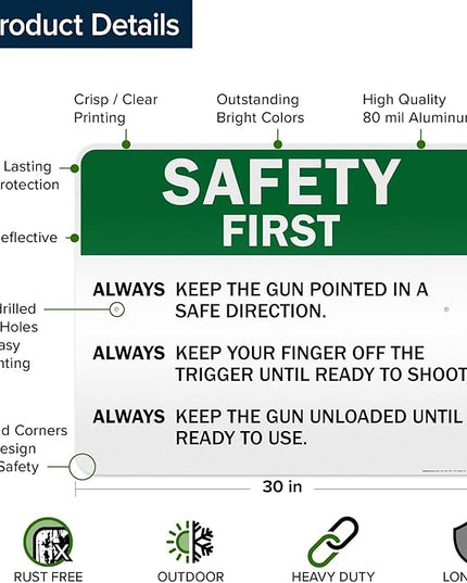 Safety First Always Keep The Gun Pointed In A Safe Direction Sign, 24x30 Inches, 3M EGP Reflective .080 Aluminum, Fade Resistant, Made in USA by My Sign Center