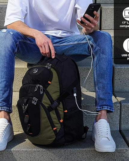 Swissdigital Design Laptop Backpack, Travel Backpack with USB Charging Port Fits 15.6 inches Computer, 31L College School Bookbag for Men,Olive/Black | SD803-26