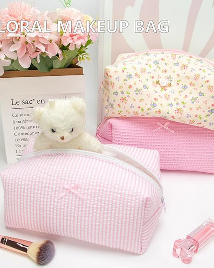 PAZIMIIK 2PCS Cozy Makeup Bag Travel Cosmetic Bag for Women Soft Toiletry Bag Aesthetic Makeup Organizer Portable Large Zipper Pouch for Skincare Beauty Accessories Brushes Stripe Pink