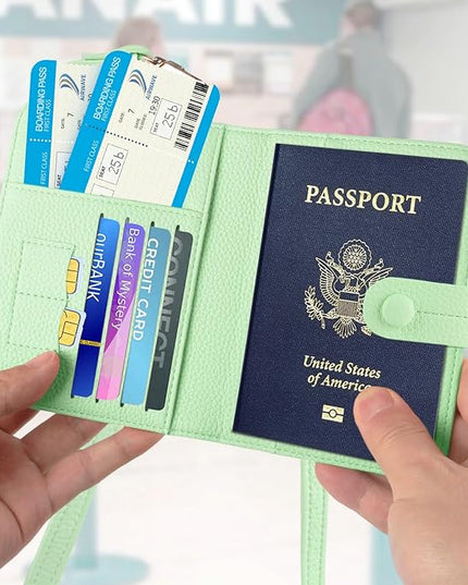 Passport Holder RFID Protected Wallet and Luggage Tag with Protection Cover Travel Accessories Leather Card Case Organizer for Women Men (Green)
