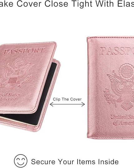 WALNEW Passport Holder for Travel, RFID Passport Cover Wallet for Women Men, PU Leather Passport Book Card Holder Case with Pen (Elastic Band Closure, AA-Brown+Rosegold)