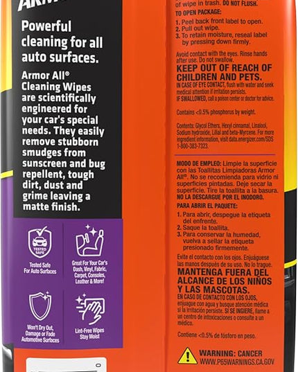 Armor All Car Cleaning Wipes, 60 Count Flat Pack, Powerful Car Wipes for Dashboards, Vinyl, Clear Plastics, Carpet and Fabric