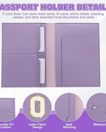 PATIKIL Passport Holder for Travel, Initial Passport Cover and Luggage Tag Set with Alphabet Chenille Letter Patch Travel Wallet Bag Suitcase Identifier for Women Family Travel Purple O