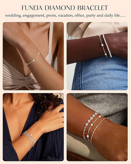 FUNEIA Dainty Silver Gold Bracelets for Women Trendy Non Tarnish 14K Gold Plated Waterproof Diamond Bracelets Cute Stackable Heart Butterfly Clover Cross Evil Eye Charm Bracelet Stack Jewelry Gifts
