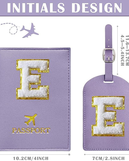COSHAYSOO Purple Passport Cover and Luggage Tag Set TSA Approved with Her Initial Chenille Letter Patch for Big Little Girls Sister Daughter, Hawaii Travel Bag Backpack Suitcase Identifier (E)