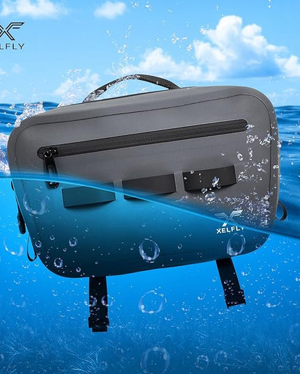 Xelfly Waterproof Fishing Waist Bag with Rod Holder, Padded Waist Straps & Gear Loops - Submersible Zipper, Rugged Top Handle, Adjustable Attachments (Gray)