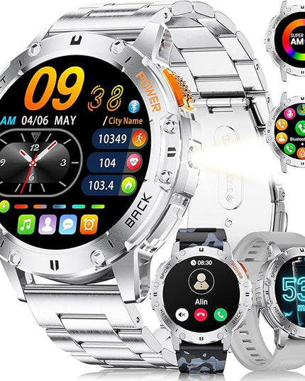 LIGE 1.43" AMOLED Smart Watch for Men with Flashlight, Bluetooth Calling, 100+ Sport Modes, 530mAh, IP68 Waterproof Fitness Tracker for Workout, iOS Android Compatible, Silver Steel