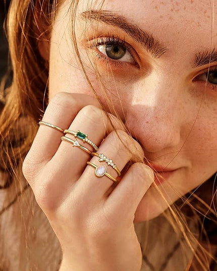 Fansilver 14K Gold Plated Stacking Rings for Women Simple Dainty Gold Stackable Knuckle Thumb Rings Heart CZ Opal Rings Plain Band Size 5-11