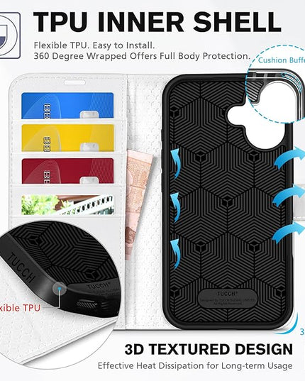TUCCH Compatible with iPhone 16 Wallet Case, RFID Blocking 4 Card Holder Kickstand [Shockproof TPU Interior Shell], PU Leather Magnetic Closure Protective Flip Phone Cover, White