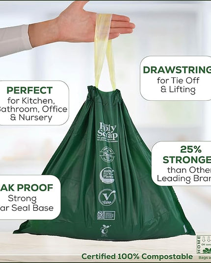 100% Compostable Trash Bags 3.2 Gallon - 60 Pack - Small Drawstring Compost Bags, Eco Friendly Food Scraps Recycling Bag for Kitchen Waste Bin - BPI Certified, OK Compost Home