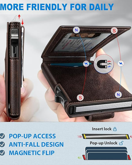 miyozi Airtag Wallet for Men Money Clip 9-Card Pop-Up Credit Card Holder with ID Window RFID Blocking Metal Case Magnetic Closure Front Pocket Wallet Gift Box