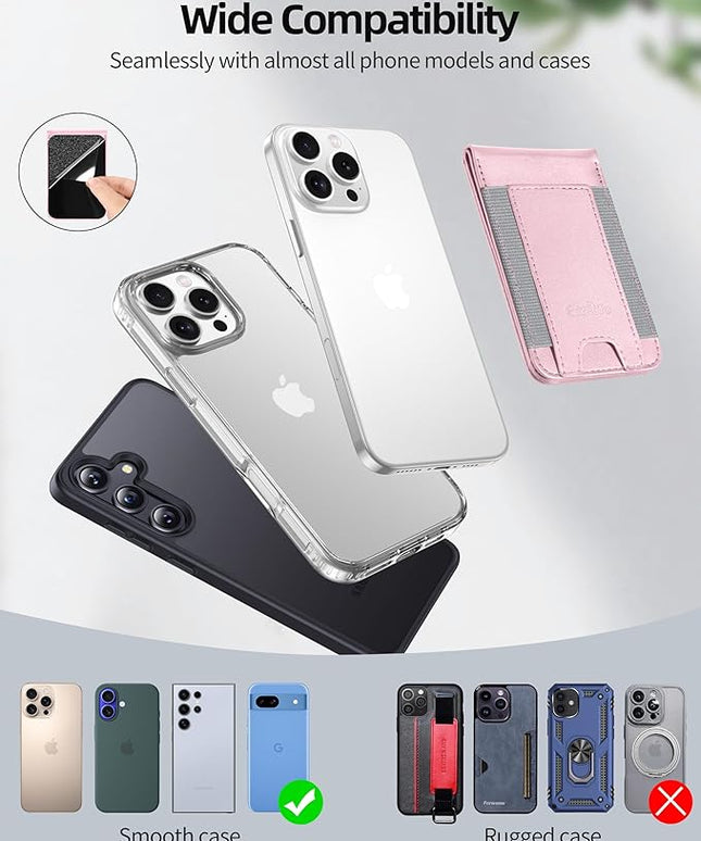 Phone Wallet Stick On, Upgraded Phone Wallet with Adjustable Stand, Open ID Window, 8-Card Holder, Stronger 3M Adhesive Credit Card Holder for Back of Phone Case, iPhone, Samsung and Android, Pink