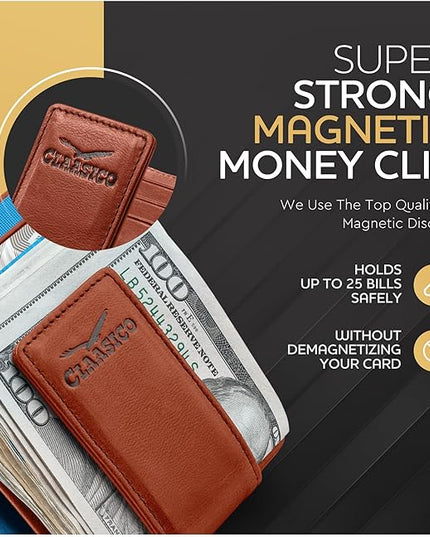 Money Clip Leather Wallet For Men Slim Front Pocket RFID Blocking with Super Strong Magnetic