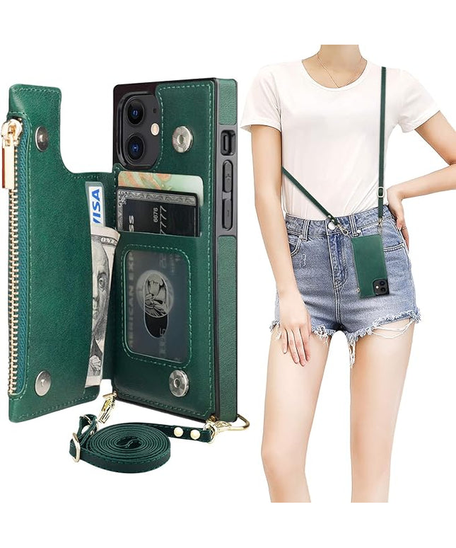 Bocasal Crossbody Wallet Case for iPhone 12 Mini with Card Holder,Zipper Card Slot Protector Shockproof Purse Cover with Removable Cross Body Strap 5.4 Inch(Green)