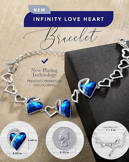 Leafael Infinity Love Heart Link Bracelets, Birthstone or Healing Stone Crystal Bracelet for Women, Silver Tone Jewelry Gifts for Her, 7-inch Chain and 2-inch Extender