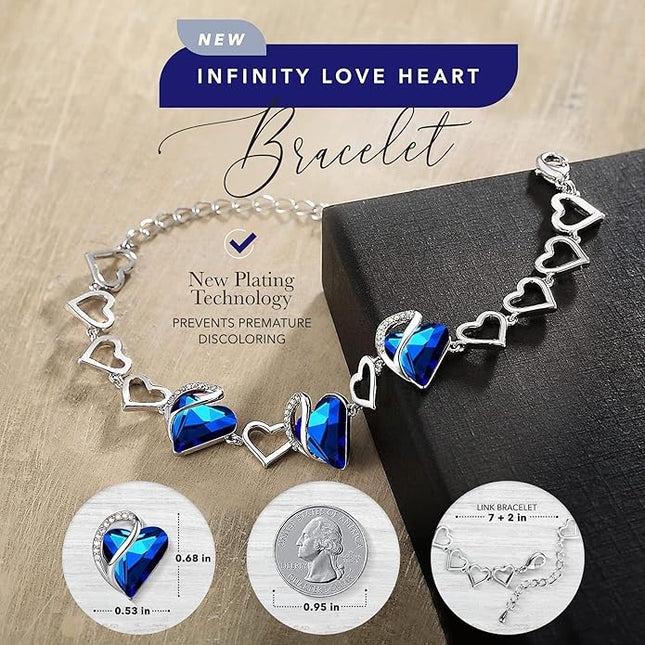 Leafael Infinity Love Heart Link Bracelets, Birthstone or Healing Stone Crystal Bracelet for Women, Silver Tone Jewelry Gifts for Her, 7-inch Chain and 2-inch Extender