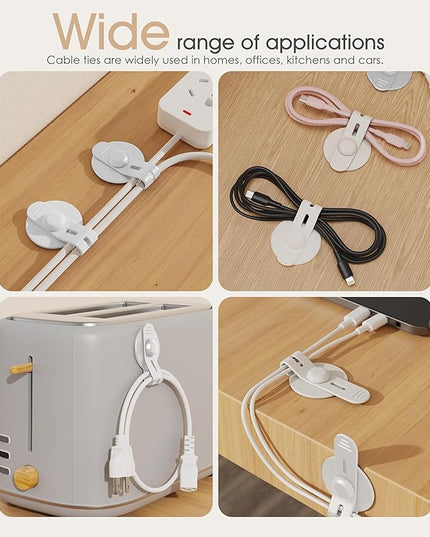 Nearockle Cable Management Under Desk, Adjustable Self-Adhesive Silicone Cable Ties Cord Organizer, Reusable Heavy-Duty Cord Holder Under Table for Office, Home, School (10Pcs-White)
