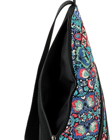 Sakroots On The Go Sling Bag for Women in Eco-Twill, Large Convertible Crossbody Backpack With Main Zipper Closer, Made From Recycled Materials - Denim Flower Garden