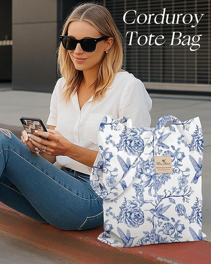Corduroy Tote Bag for Women - Reusable Totes with Pocket & Buckle Cute Aesthetic Shoulder Bag for Work Travel