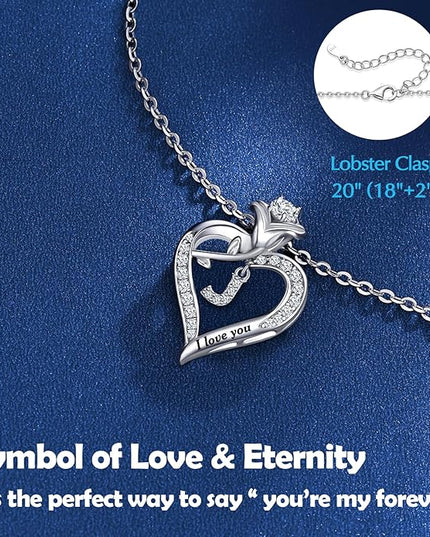Rose Heart Pendant Necklace Gifts for Wife, Engraved 'I love you' Gift for Wife Girlfriend, Anniversary Birthday Eternity Jewelry Present for Women, Moissanite Necklace Gift for Her