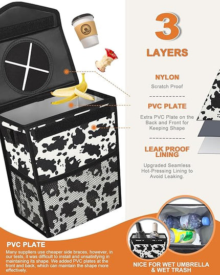 Car Trash Can with Lid, Cute Leakproof Car Trash Garbage Bag Hanging Vehicle Trash Bin Small Portable Automotive Garbage Cans Organizer for Back/Front Seat/Console(Trapezoid,Cow Print)