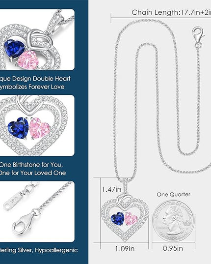 LOUISA SECRET Sparkling Double Heart Birthstone Necklaces for Women, 925 Sterling Silver Fine Jewelry, Pendant Heart Necklaces Birthday Anniversary Christmas Gift for Women Wife Mom Girlfriend Lady