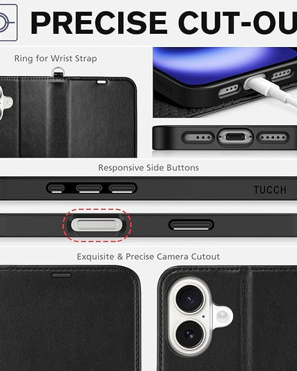 TUCCH Case Wallet for iPhone 16, [Wrist Strap] RFID Blocking 4 Card Slots Kickstand [Shockproof TPU Shell], PU Leather Magnetic Flip Cover Compatible with iPhone 16 5G 2024, Black with Wristlet