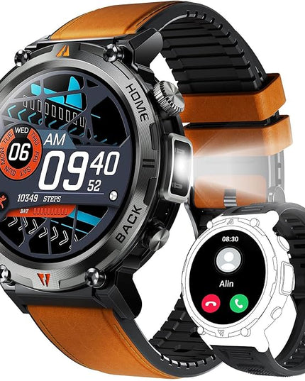 Military Smart Watch for Men with LED Flashlight 1.45” Rugged 3ATM Waterproof Smart Watch with 100+ Sports Modes Fitness Tracker with Heart Rate Sleep Monitor Tactical Smartwatch for iPhone Android