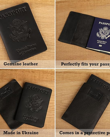 Shvigel US Leather Passport Book Cover - Thin American Travel Passport Holder - Premium International USA Passport Protector Case for Women Men (Black Vintage)
