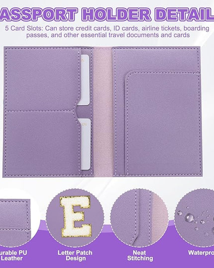 PATIKIL Passport Holder for Travel, Initial Passport Cover and Luggage Tag Set with Alphabet Chenille Letter Patch Travel Wallet Bag Suitcase Identifier for Women Family Travel Purple E