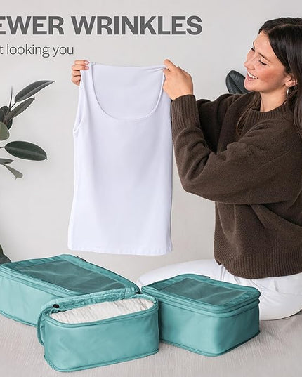 Aerotrunk Compression Packing Cubes for Travel - Luggage Organizer Bags - Double Zipper Packing Cubes for Suitcases (6-Pack, Teal)