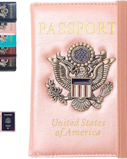 Passport Holder Cover Travel Wallet RFID Blocking Passport Wallets Family Organization Personalized Wallet Case for Men and Women Travel Must Haves(Rose gold)