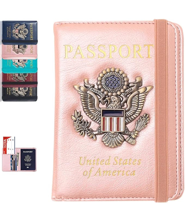 Passport Holder Cover Travel Wallet RFID Blocking Passport Wallets Family Organization Personalized Wallet Case for Men and Women Travel Must Haves(Rose gold)