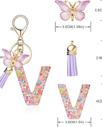 Fashion Alphabet Initial Letter Keychain Tassel Butterfly Pendant Key Ring for Purse Handbags Women Girl
