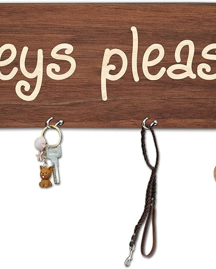 MBYHP Wooden Key Holder with 4 Hooks - Keys Please Decorative Key Organizer for Wall - Home Office Kitchen Hallway Entryway Wall Decor for Keys, Dog Leash Hanging - A04