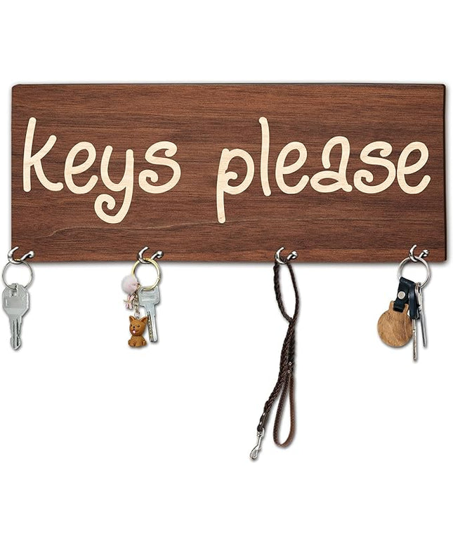 MBYHP Wooden Key Holder with 4 Hooks - Keys Please Decorative Key Organizer for Wall - Home Office Kitchen Hallway Entryway Wall Decor for Keys, Dog Leash Hanging - A04
