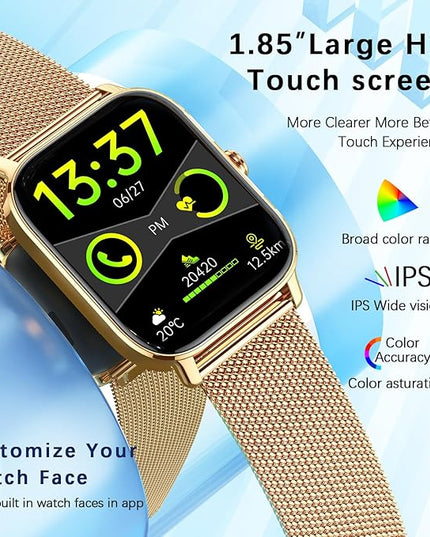Smart Watch for Women Android/iPhone: Fitness Tracker Smart Watches Answer/Make Call IP68 Waterproof 1.85" Smartwatch Activity Pedometer Heart Rate SpO2 Monitor 120+ Sports Model Gold Womens Watches